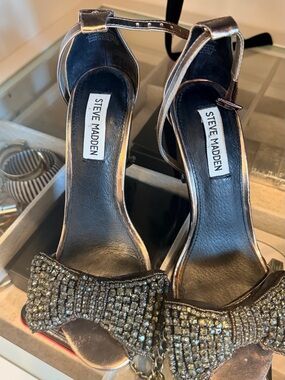 Steve Madden Rose Gold Ankle-Strap Heels with Crystal Bow